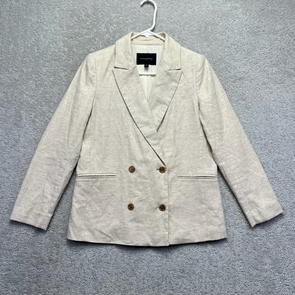 Banana Republic Blazer Womens Petite 4 Cream Linen Blend Double Breasted Preppy